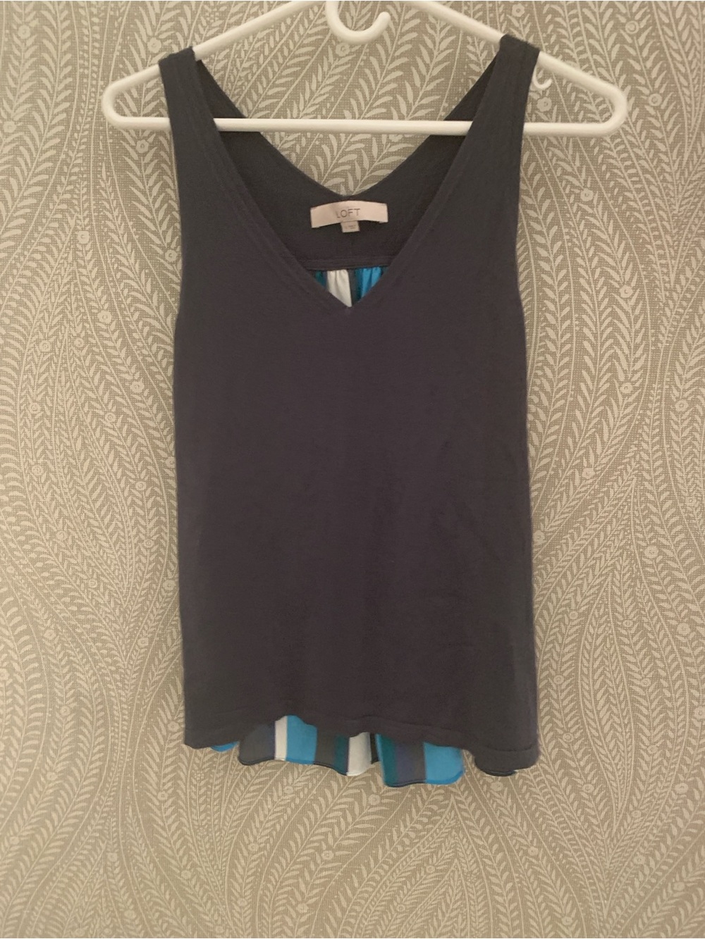 LOFT Navy V-Neck Layered Tank with Striped Hem